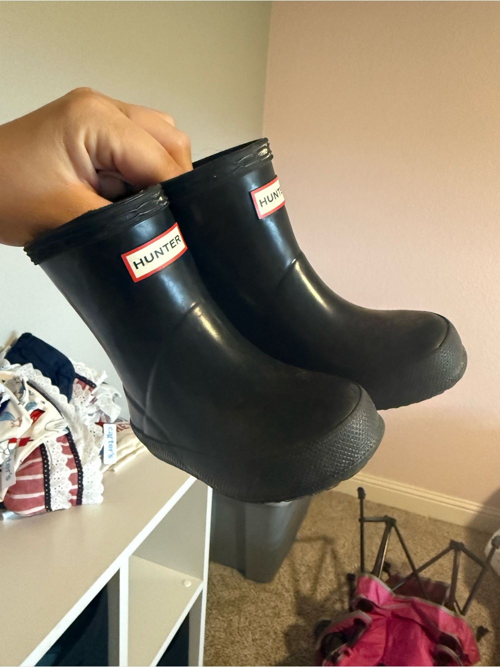 Hunter Black Short Rubber Rain Boots with Red-Trim Logo 4